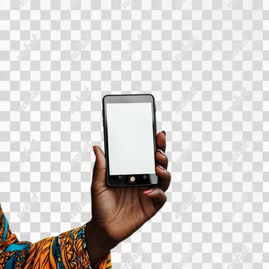 Black mobile phone in an ethnic females hand, white background, screen is white