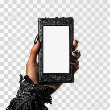 Black mobile phone in an ethnic females hand, white background, screen is white