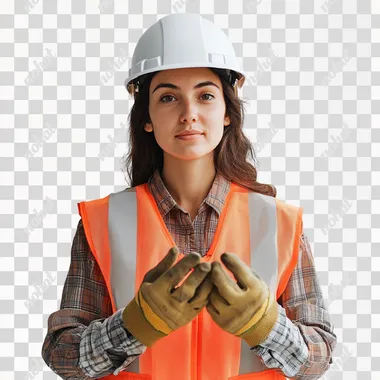 A photo of a female construction worker explaining something while looking directly into the camera, standing against a plain white background. She is wearing a hard hat, high-visibility vest, work gloves, and casual workwear. Her expression is confident and engaged, making eye contact with the viewer as she places her hands together in front of her, conveying a sense of poise. The image is clear and well-lit, making it easy to isolate the subject from the background