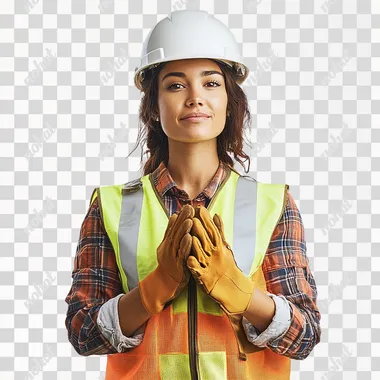 A photo of a female construction worker explaining something while looking directly into the camera, standing against a plain white background. She is wearing a hard hat, high-visibility vest, work gloves, and casual workwear. Her expression is confident and engaged, making eye contact with the viewer as she places her hands together in front of her, conveying a sense of poise. The image is clear and well-lit, making it easy to isolate the subject from the background