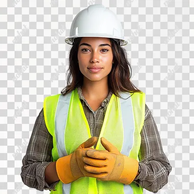 A photo of a female construction worker explaining something while looking directly into the camera, standing against a plain white background. She is wearing a hard hat, high-visibility vest, work gloves, and casual workwear. Her expression is confident and engaged, making eye contact with the viewer as she places her hands together in front of her, conveying a sense of poise. The image is clear and well-lit, making it easy to isolate the subject from the background