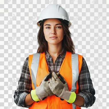 A photo of a female construction worker explaining something while looking directly into the camera, standing against a plain white background. She is wearing a hard hat, high-visibility vest, work gloves, and casual workwear. Her expression is confident and engaged, making eye contact with the viewer as she places her hands together in front of her, conveying a sense of poise. The image is clear and well-lit, making it easy to isolate the subject from the background