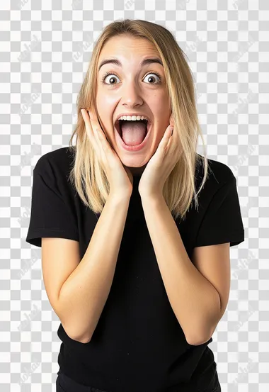 yellow blonde hair beautifulyoung woman with her hands on her chin, open mouth looking excited and happy. She is wearing a black t-shirt. Only her upper body. She I standing in front of a completely white background like a modeling studio. Half of her skin is more tan then the other