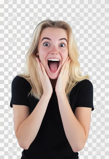 yellow blonde hair beautifulyoung woman with her hands on her chin, open mouth looking excited and happy. She is wearing a black t-shirt. Only her upper body. She I standing in front of a completely white background like a modeling studio. Half of her skin is more tan then the other