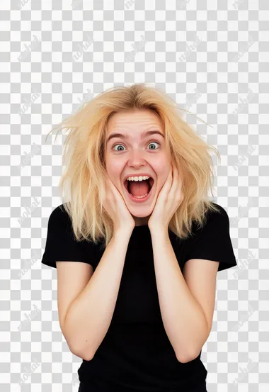 yellow blonde hair beautifulyoung woman with her hands on her chin, open mouth looking excited and happy. She is wearing a black t-shirt. Only her upper body. She I standing in front of a completely white background like a modeling studio. Half of her skin is more tan then the other