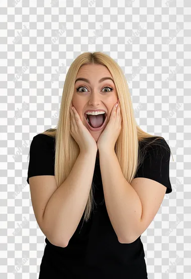 yellow blonde hair beautifulyoung woman with her hands on her chin, open mouth looking excited and happy. She is wearing a black t-shirt. Only her upper body. She I standing in front of a completely white background like a modeling studio. Half of her skin is more tan then the other
