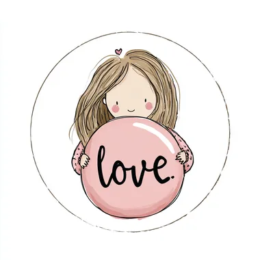 Handmade English word with love, cute pink heart cartoon girl with light brown hair, circle on white background, simple shape, hand drawn style --s 50