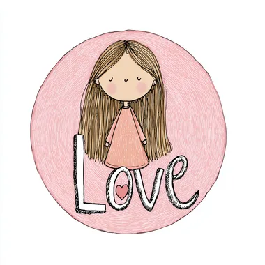 Handmade English word with love, cute pink heart cartoon girl with light brown hair, circle on white background, simple shape, hand drawn style --s 50