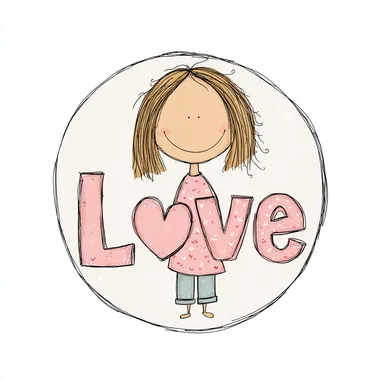 Handmade English word with love, cute pink heart cartoon girl with light brown hair, circle on white background, simple shape, hand drawn style --s 50