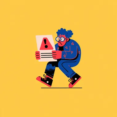 a flat icon of a character holding a warning sign and pointing at something under him.