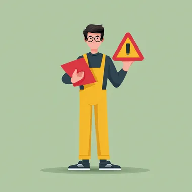a flat icon of a character holding a warning sign and pointing at something under him.