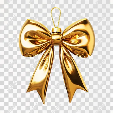 metallic golden Bow jewelry piece with a golden finish, inflated look, chromatic, glossy, shiny finish wit a christmas bauble hanger, white background, studiophotography, soft light