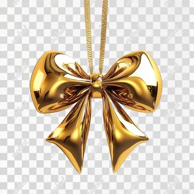 metallic golden Bow jewelry piece with a golden finish, inflated look, chromatic, glossy, shiny finish wit a christmas bauble hanger, white background, studiophotography, soft light
