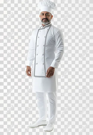 professional photograph of a professional cooking host uniform, wearing a white long-sleeved chef's shirt with gray details and white elegant pants, chef hat too. Full body shot. Isolated on a white background