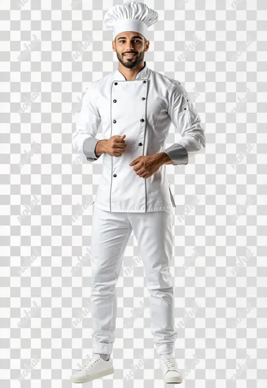 professional photograph of a professional cooking host uniform, wearing a white long-sleeved chef's shirt with gray details and white elegant pants, chef hat too. Full body shot. Isolated on a white background