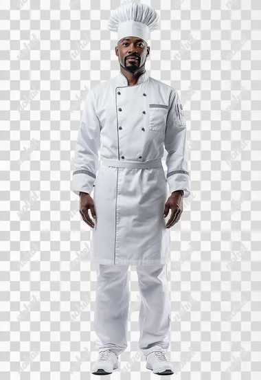 professional photograph of a professional cooking host uniform, wearing a white long-sleeved chef's shirt with gray details and white elegant pants, chef hat too. Full body shot. Isolated on a white background