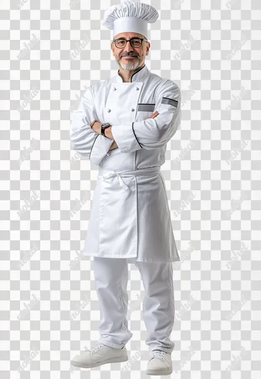 professional photograph of a professional cooking host uniform, wearing a white long-sleeved chef's shirt with gray details and white elegant pants, chef hat too. Full body shot. Isolated on a white background