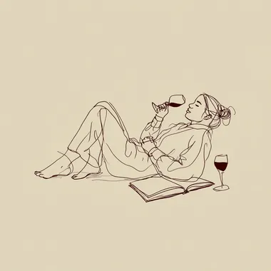 woman lying down, drinking wine, and reading, drawn with a simple continuous line drawing by hand, in perspective. She also has a book and a glass of wine next to her.