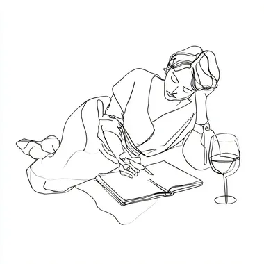 woman lying down, drinking wine, and reading, drawn with a simple continuous line drawing by hand, in perspective. She also has a book and a glass of wine next to her.