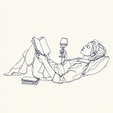 woman lying down, drinking wine, and reading, drawn with a simple continuous line drawing by hand, in perspective. She also has a book and a glass of wine next to her.