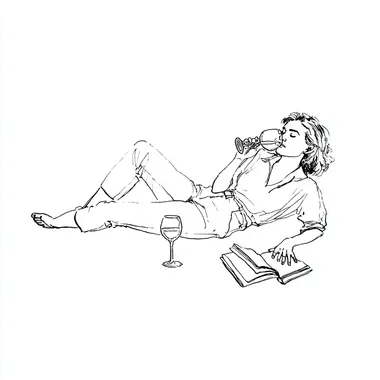 woman lying down, drinking wine, and reading, drawn with a simple continuous line drawing by hand, in perspective. She also has a book and a glass of wine next to her.