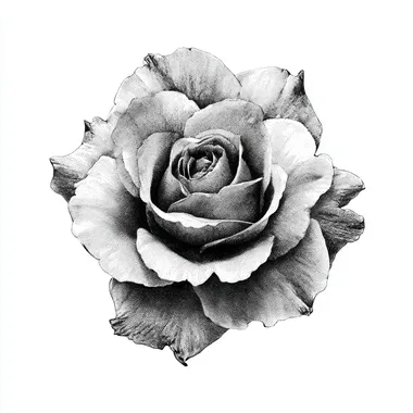 black on white illustration of a rose, top view, white background