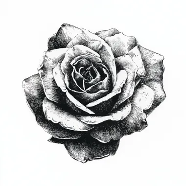 black on white illustration of a rose, top view, white background