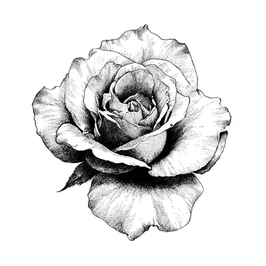 black on white illustration of a rose, top view, white background