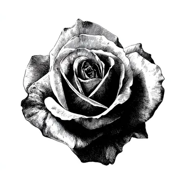black on white illustration of a rose, top view, white background