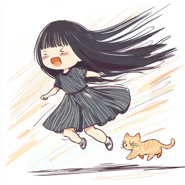 Hand-drawn thick line illustration of a cute Chinese anime girl with long, straight black hair and bangs, Her face has minimalistic facial features--small dot-like eyes, a tiny mouth, and barely visible nose--creating a soft, simplistic, and adorable expression. She is running forward with excitement, her arms swinging naturally, her hair and dress billowing in the wind. Her chubby cheeks are slightly flushed, and she has a determined yet playful look. A cute orange tabby cat is running beside her, trying to keep up with its tiny paws. The background consists of soft pastel streaks of color and motion blur, emphasizing the fast-paced movement. The art style is kawaii manga, featuring bold outlines, simple and charming details, and a hand-drawn doodle aesthetic. The colors are bright, with minimal shading, and the atmosphere is full of motion and excitement.   --s 50