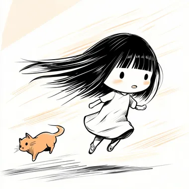 Hand-drawn thick line illustration of a cute Chinese anime girl with long, straight black hair and bangs, Her face has minimalistic facial features--small dot-like eyes, a tiny mouth, and barely visible nose--creating a soft, simplistic, and adorable expression. She is running forward with excitement, her arms swinging naturally, her hair and dress billowing in the wind. Her chubby cheeks are slightly flushed, and she has a determined yet playful look. A cute orange tabby cat is running beside her, trying to keep up with its tiny paws. The background consists of soft pastel streaks of color and motion blur, emphasizing the fast-paced movement. The art style is kawaii manga, featuring bold outlines, simple and charming details, and a hand-drawn doodle aesthetic. The colors are bright, with minimal shading, and the atmosphere is full of motion and excitement.   --s 50