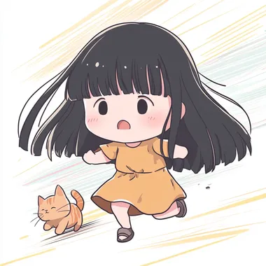 Hand-drawn thick line illustration of a cute Chinese anime girl with long, straight black hair and bangs, Her face has minimalistic facial features--small dot-like eyes, a tiny mouth, and barely visible nose--creating a soft, simplistic, and adorable expression. She is running forward with excitement, her arms swinging naturally, her hair and dress billowing in the wind. Her chubby cheeks are slightly flushed, and she has a determined yet playful look. A cute orange tabby cat is running beside her, trying to keep up with its tiny paws. The background consists of soft pastel streaks of color and motion blur, emphasizing the fast-paced movement. The art style is kawaii manga, featuring bold outlines, simple and charming details, and a hand-drawn doodle aesthetic. The colors are bright, with minimal shading, and the atmosphere is full of motion and excitement.   --s 50