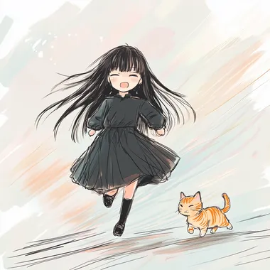 Hand-drawn thick line illustration of a cute Chinese anime girl with long, straight black hair and bangs, Her face has minimalistic facial features--small dot-like eyes, a tiny mouth, and barely visible nose--creating a soft, simplistic, and adorable expression. She is running forward with excitement, her arms swinging naturally, her hair and dress billowing in the wind. Her chubby cheeks are slightly flushed, and she has a determined yet playful look. A cute orange tabby cat is running beside her, trying to keep up with its tiny paws. The background consists of soft pastel streaks of color and motion blur, emphasizing the fast-paced movement. The art style is kawaii manga, featuring bold outlines, simple and charming details, and a hand-drawn doodle aesthetic. The colors are bright, with minimal shading, and the atmosphere is full of motion and excitement.   --s 50