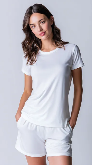 Front shot of slim woman model wearing premium soft cotton pajamas, short sleeved top, extremely comfortable fit, knee length shorts, simple white background, clean studio lighting, fashion product showcase style