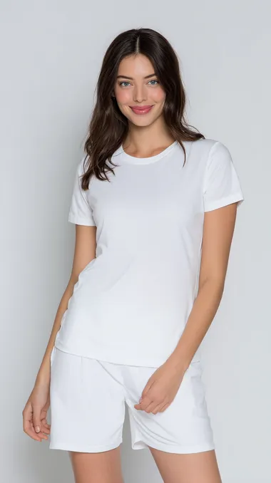 Front shot of slim woman model wearing premium soft cotton pajamas, short sleeved top, extremely comfortable fit, knee length shorts, simple white background, clean studio lighting, fashion product showcase style
