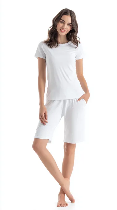 Front shot of slim woman model wearing premium soft cotton pajamas, short sleeved top, extremely comfortable fit, knee length shorts, simple white background, clean studio lighting, fashion product showcase style