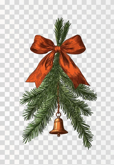 A vintage illustration of an evergreen branch with a brown bow and a hanging bell, on a beige background.