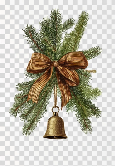 A vintage illustration of an evergreen branch with a brown bow and a hanging bell, on a beige background.