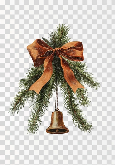 A vintage illustration of an evergreen branch with a brown bow and a hanging bell, on a beige background.
