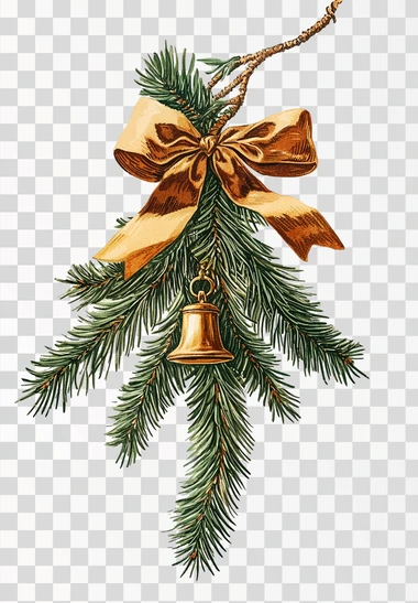 A vintage illustration of an evergreen branch with a brown bow and a hanging bell, on a beige background.