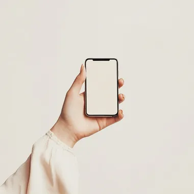 high fashion, female hand, holding a smartphone, minimalistic setting, cream white