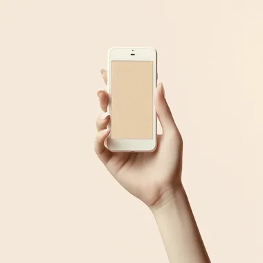 high fashion, female hand, holding a smartphone, minimalistic setting, cream white