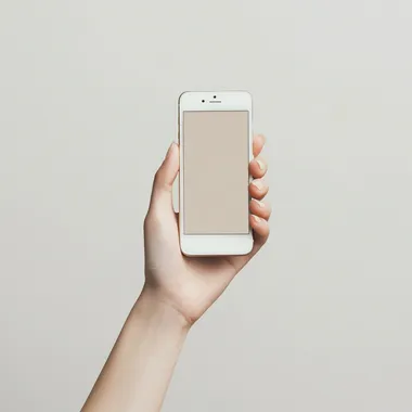 high fashion, female hand, holding a smartphone, minimalistic setting, cream white