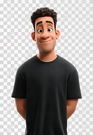 3D cartoon, Disney Pixar, 30 year old man, black tshirt, fade black hairstyle, clean shaven face warm and friendly, white background.  rofile jtta4og