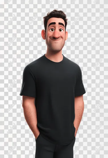 3D cartoon, Disney Pixar, 30 year old man, black tshirt, fade black hairstyle, clean shaven face warm and friendly, white background.  rofile jtta4og