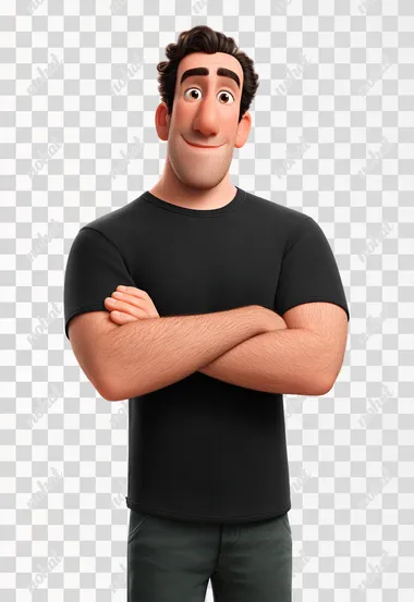 3D cartoon, Disney Pixar, 30 year old man, black tshirt, fade black hairstyle, clean shaven face warm and friendly, white background.  rofile jtta4og