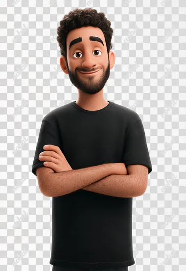 3D cartoon, Disney Pixar, 30 year old man, black tshirt, fade black hairstyle, clean shaven face warm and friendly, white background.  rofile jtta4og