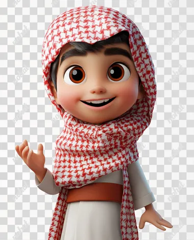 A little smiley boy from Saudi Arabia wearing its traditional clothes. He spreads his hand like he says hallo. Semi-profile posture. 3D rendering style. Disney pixar style.