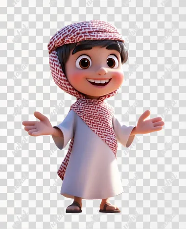 A little smiley boy from Saudi Arabia wearing its traditional clothes. He spreads his hand like he says hallo. Semi-profile posture. 3D rendering style. Disney pixar style.