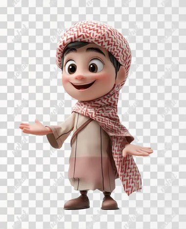 A little smiley boy from Saudi Arabia wearing its traditional clothes. He spreads his hand like he says hallo. Semi-profile posture. 3D rendering style. Disney pixar style.